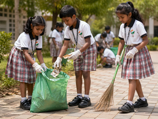 Students from Aachi Global School taking part in Swachh Bharat cleanliness drive